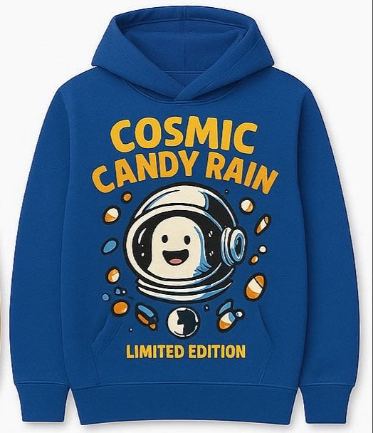 Blue hoodie with 'Cosmic Candy Rain' text and cartoon character on a white background